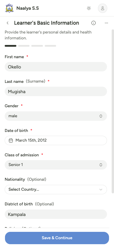 The admission form on the Education Hub